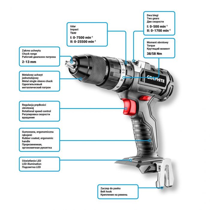 Шурупокрут-дриль акумуляторний GRAPHITE Energy+ 18В безщітковий 58Нм 3 швидкості 0-500·0-1700об·хв 1.21кг без АКБ та ЗП