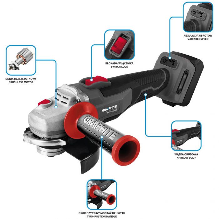 Шліфмашина кутова акумуляторна GRAPHITE Energy+ 18В 125 мм 18В 9200об·хв 2.28кг без АКБ та ЗП