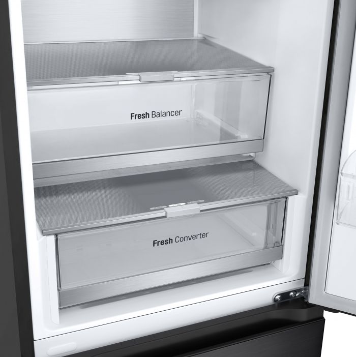 Холодильник LG з нижн. мороз., 203x60х68, холод.відд.-277л, мороз.відд.-110л, 2дв., А++, NF, інв., диспл зовн., Metal Fresh, чорний