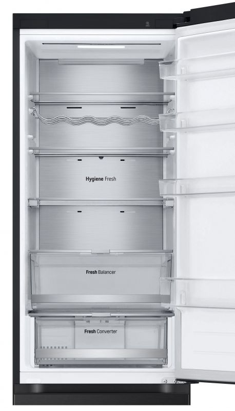 Холодильник LG з нижн. мороз., 203x60х68, холод.відд.-277л, мороз.відд.-110л, 2дв., А++, NF, інв., диспл зовн., Metal Fresh, чорний