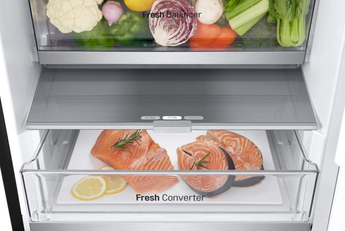 Холодильник LG з нижн. мороз., 203x60х68, холод.відд.-277л, мороз.відд.-110л, 2дв., А++, NF, інв., диспл зовн., Metal Fresh, чорний