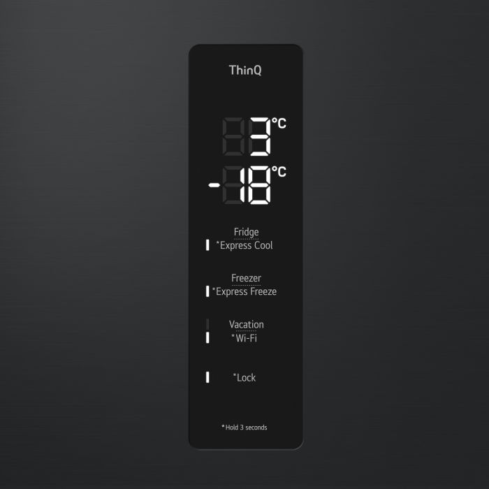 Холодильник LG з нижн. мороз., 203x60х68, холод.відд.-277л, мороз.відд.-110л, 2дв., А++, NF, інв., диспл зовн., Metal Fresh, чорний