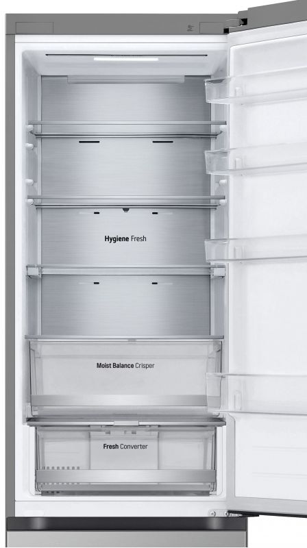 Холодильник LG з нижн. мороз., 203x60х68, холод.відд.-277л, мороз.відд.-110л, 2дв., А++, NF, інв., диспл зовн., Metal Fresh, сріблястий