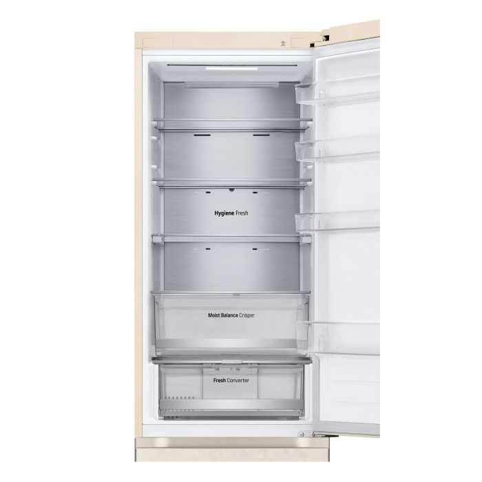 Холодильник LG з нижн. мороз., 203x60х68, холод.відд.-277л, мороз.відд.-110л, 2дв., А++, NF, інв., диспл зовн., Metal Fresh, бежевий