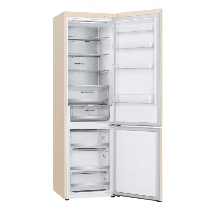 Холодильник LG з нижн. мороз., 203x60х68, холод.відд.-277л, мороз.відд.-110л, 2дв., А++, NF, інв., диспл зовн., Metal Fresh, бежевий
