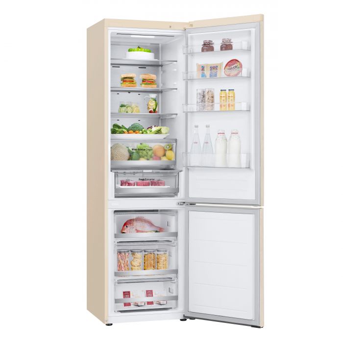 Холодильник LG з нижн. мороз., 203x60х68, холод.відд.-277л, мороз.відд.-110л, 2дв., А++, NF, інв., диспл зовн., Metal Fresh, бежевий