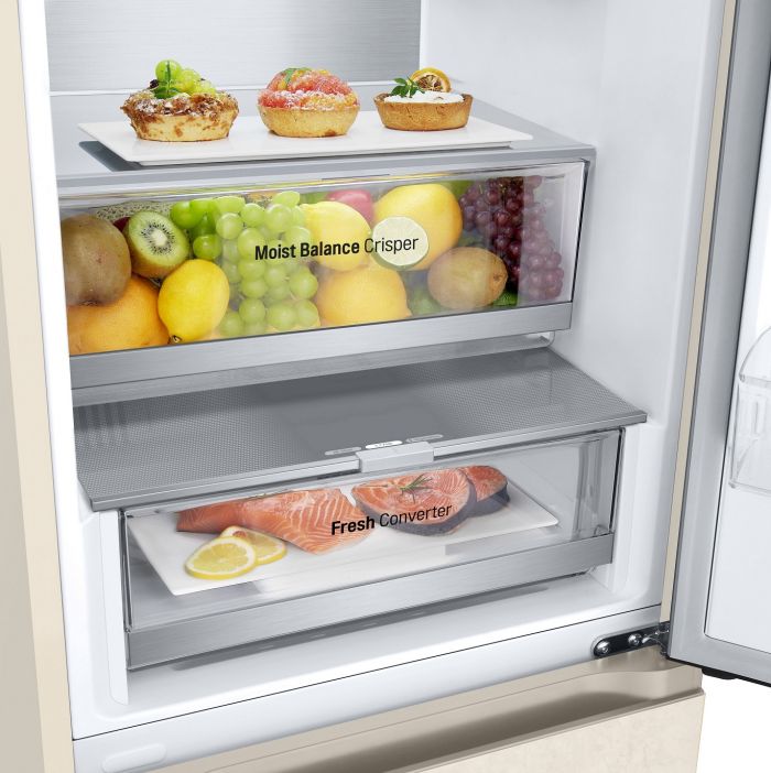 Холодильник LG з нижн. мороз., 203x60х68, холод.відд.-277л, мороз.відд.-110л, 2дв., А++, NF, інв., диспл зовн., Metal Fresh, бежевий