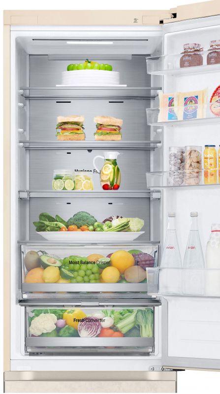 Холодильник LG з нижн. мороз., 203x60х68, холод.відд.-277л, мороз.відд.-110л, 2дв., А++, NF, інв., диспл зовн., Metal Fresh, бежевий