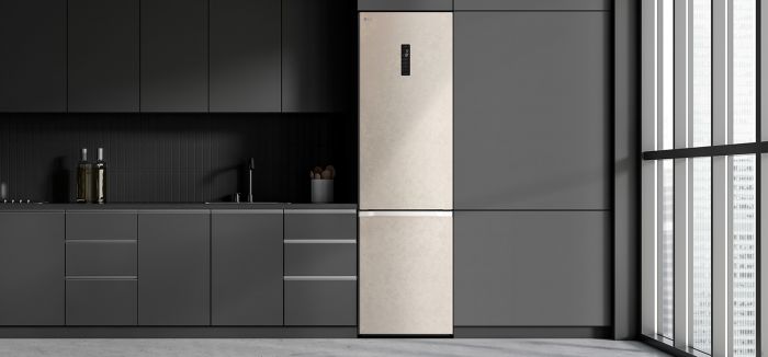 Холодильник LG з нижн. мороз., 203x60х68, холод.відд.-277л, мороз.відд.-110л, 2дв., А++, NF, інв., диспл зовн., Metal Fresh, бежевий