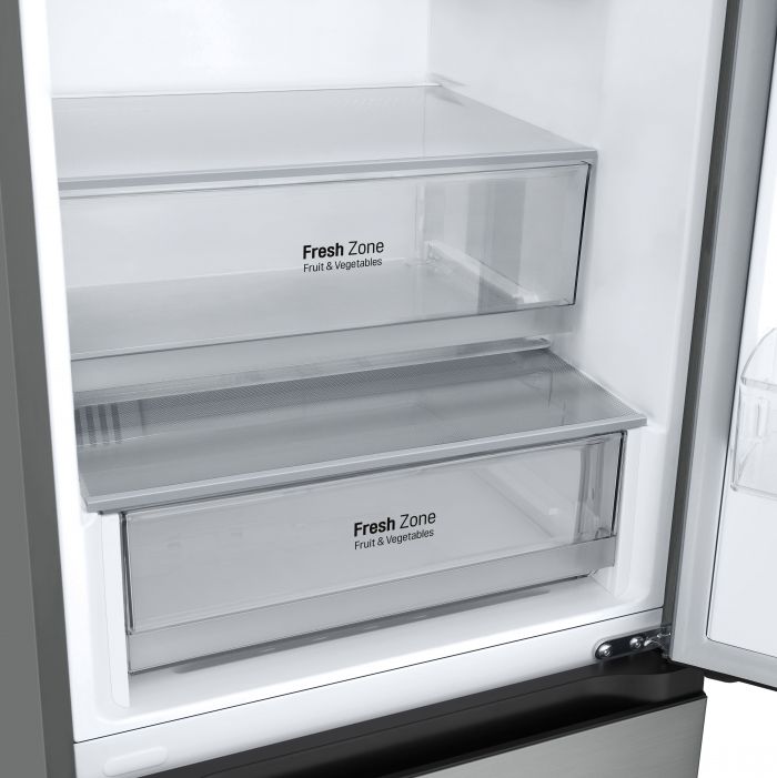 Холодильник LG з нижн. мороз., 203x60х68, холод.відд.-277л, мороз.відд.-110л, 2дв., А++, NF, інв., диспл зовн., зона св-ті, сріблястий