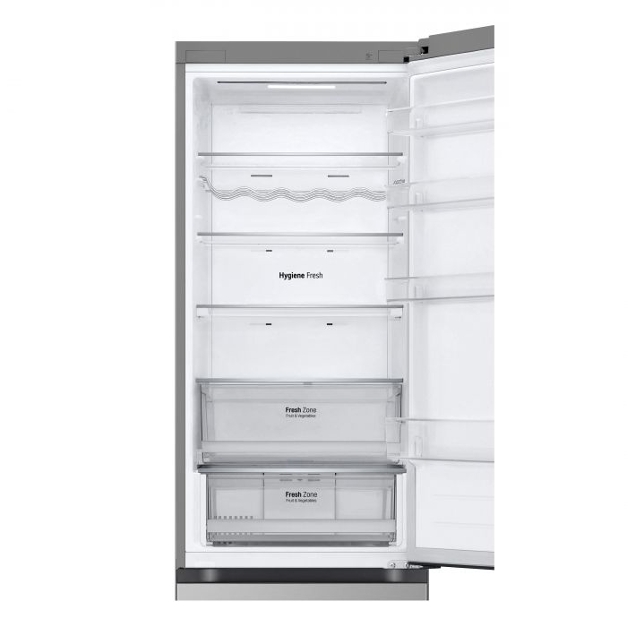 Холодильник LG з нижн. мороз., 203x60х68, холод.відд.-277л, мороз.відд.-110л, 2дв., А++, NF, інв., диспл зовн., зона св-ті, сріблястий