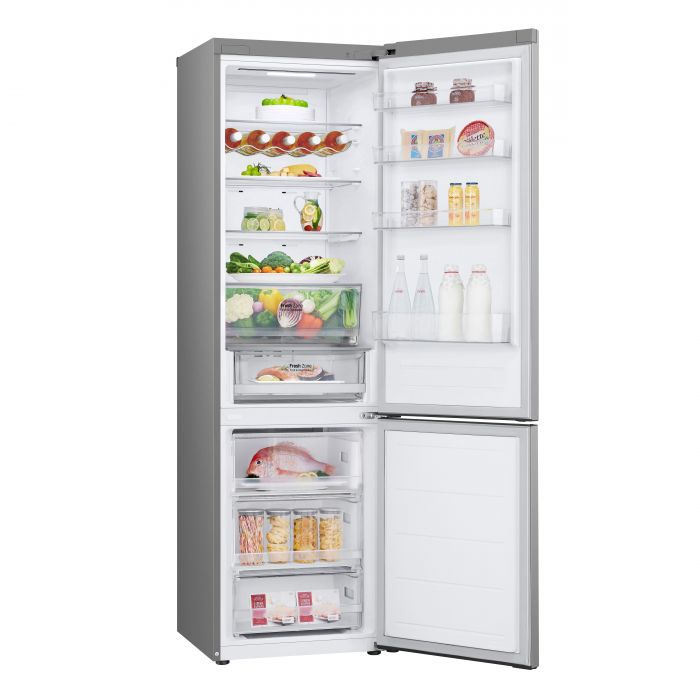 Холодильник LG з нижн. мороз., 203x60х68, холод.відд.-277л, мороз.відд.-110л, 2дв., А++, NF, інв., диспл зовн., зона св-ті, сріблястий