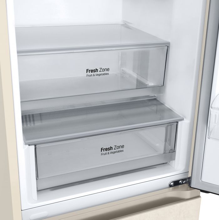 Холодильник LG з нижн. мороз., 203x60х68, холод.відд.-277л, мороз.відд.-110л, 2дв., А++, NF, інв., диспл зовн., зона св-ті, бежевий