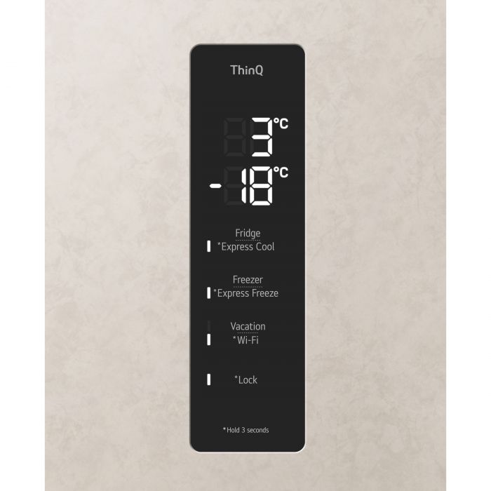 Холодильник LG з нижн. мороз., 203x60х68, холод.відд.-277л, мороз.відд.-110л, 2дв., А++, NF, інв., диспл зовн., зона св-ті, бежевий