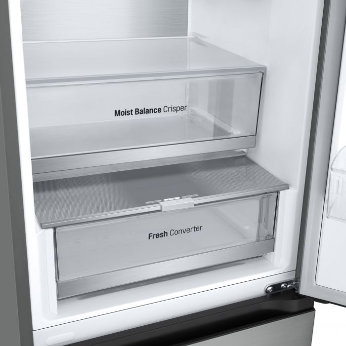 Холодильник LG з нижн. мороз., 186x60х68, холод.відд.-234л, мороз.відд.-110л, 2дв., А++, NF, інв., диспл зовн., Metal Fresh, сріблястий