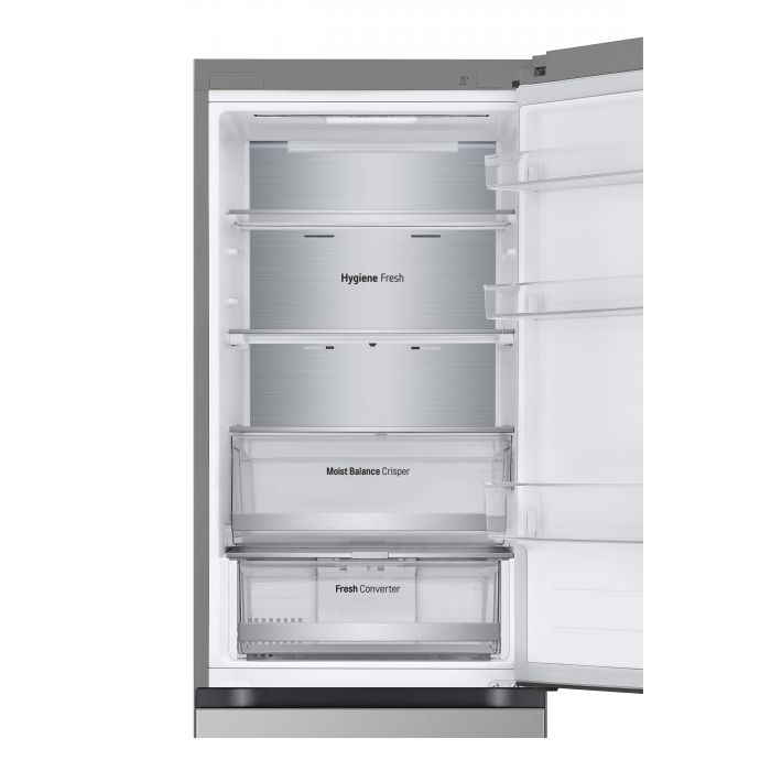 Холодильник LG з нижн. мороз., 186x60х68, холод.відд.-234л, мороз.відд.-110л, 2дв., А++, NF, інв., диспл зовн., Metal Fresh, сріблястий