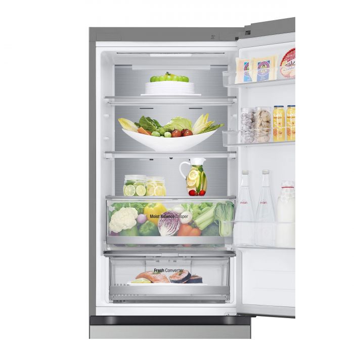 Холодильник LG з нижн. мороз., 186x60х68, холод.відд.-234л, мороз.відд.-110л, 2дв., А++, NF, інв., диспл зовн., Metal Fresh, сріблястий