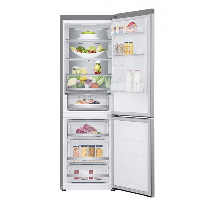 Холодильник LG з нижн. мороз., 186x60х68, холод.відд.-234л, мороз.відд.-110л, 2дв., А++, NF, інв., диспл зовн., Metal Fresh, сріблястий