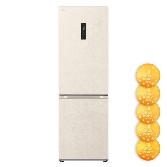Холодильник LG з нижн. мороз., 186x60х68, холод.відд.-234л, мороз.відд.-110л, 2дв., А++, NF, інв., диспл зовн., Metal Fresh, бежевий