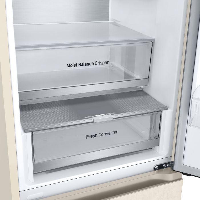 Холодильник LG з нижн. мороз., 186x60х68, холод.відд.-234л, мороз.відд.-110л, 2дв., А++, NF, інв., диспл зовн., Metal Fresh, бежевий