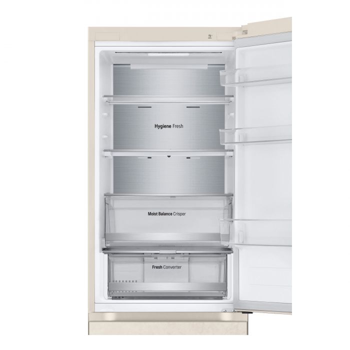Холодильник LG з нижн. мороз., 186x60х68, холод.відд.-234л, мороз.відд.-110л, 2дв., А++, NF, інв., диспл зовн., Metal Fresh, бежевий