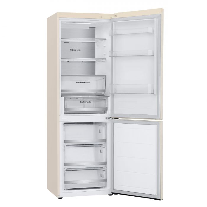 Холодильник LG з нижн. мороз., 186x60х68, холод.відд.-234л, мороз.відд.-110л, 2дв., А++, NF, інв., диспл зовн., Metal Fresh, бежевий