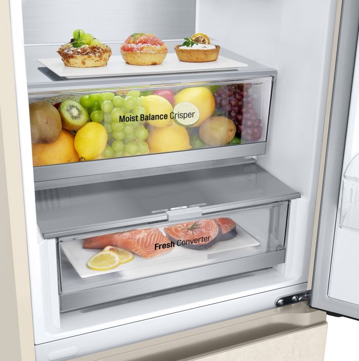 Холодильник LG з нижн. мороз., 186x60х68, холод.відд.-234л, мороз.відд.-110л, 2дв., А++, NF, інв., диспл зовн., Metal Fresh, бежевий