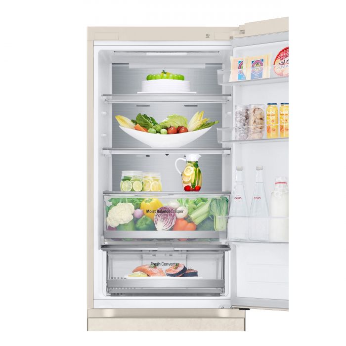 Холодильник LG з нижн. мороз., 186x60х68, холод.відд.-234л, мороз.відд.-110л, 2дв., А++, NF, інв., диспл зовн., Metal Fresh, бежевий