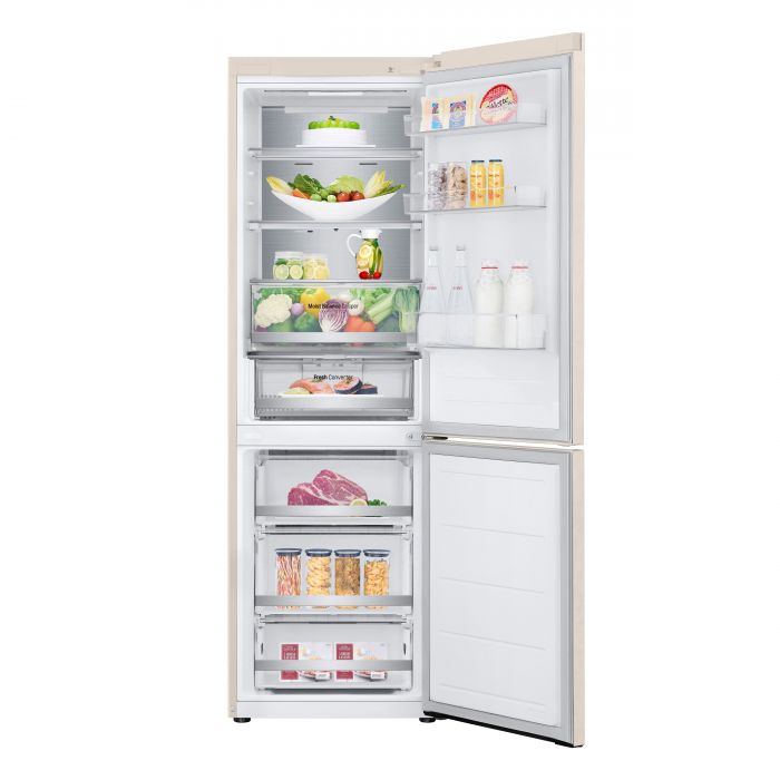 Холодильник LG з нижн. мороз., 186x60х68, холод.відд.-234л, мороз.відд.-110л, 2дв., А++, NF, інв., диспл зовн., Metal Fresh, бежевий