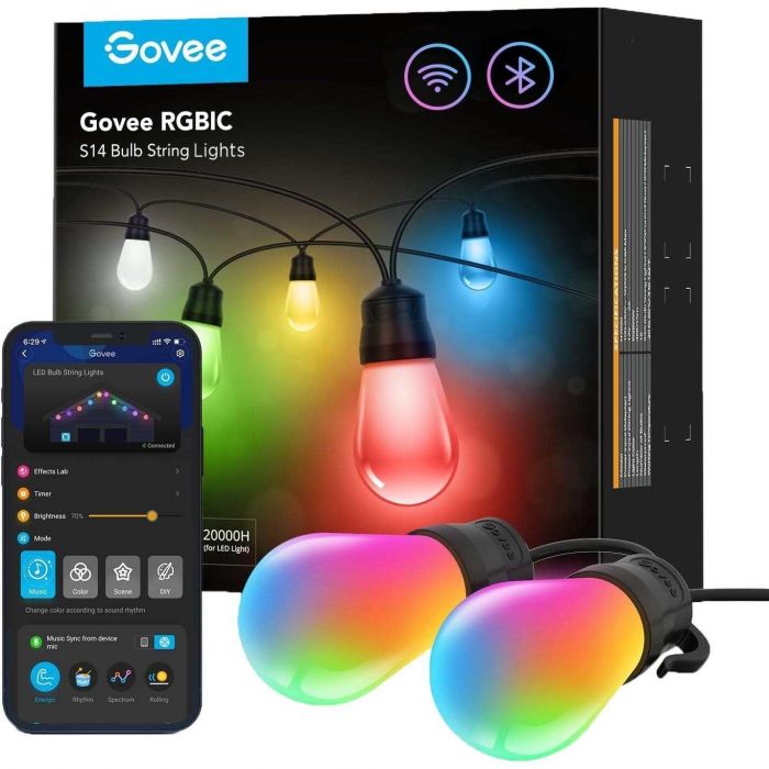 Набір світлодіодних ламп Govee H7020 LEB Bulb String Lights, 15м, RGBIC/Warm White, WI-FI/Bluetooth, чорний