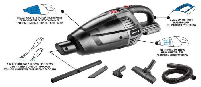 Пилосос акумуляторний GRAPHITE Energy+ 18В 34Вт 3.8кПа контейнер 0.5л HEPA 1.37кг без АКБ та ЗП