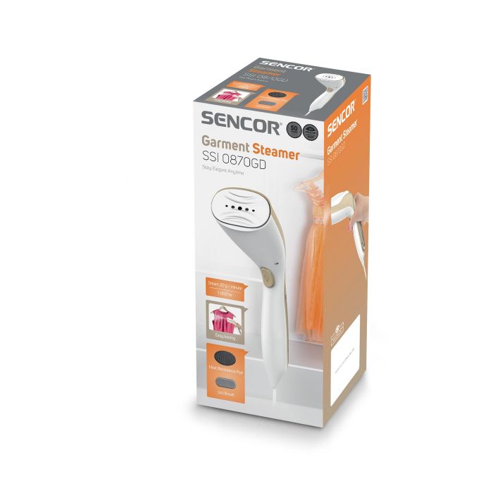 Відпарювач Sencor компактний, 1000Вт, 75мл, постійна пара - 20гр, алюмінієва підошва, білий/бежевий