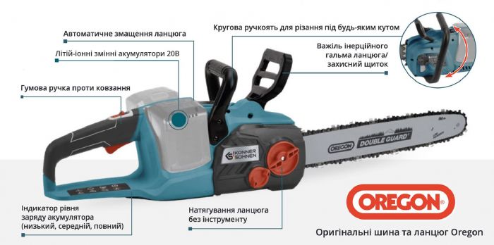 Пила ланцюгова акумуляторна Konner&Sohnen KS CS40V-16 40В(20+20В) акб 2?4А·год 40см 3.6кг