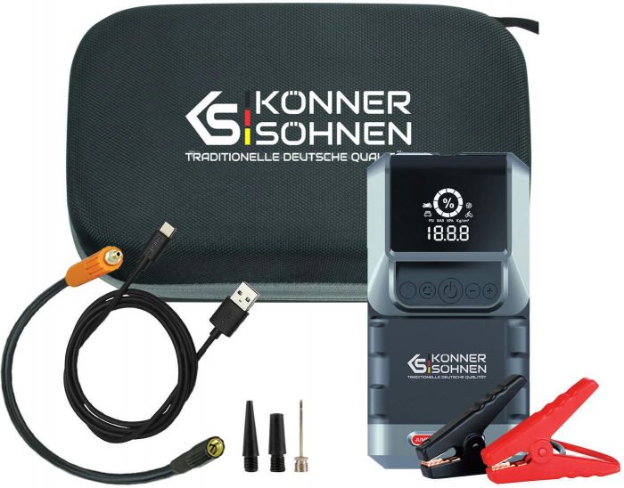Пуско-зарядний пристрій портативний акумуляторний Konner&Sohnen KS JSP-1300 з компресором, 16000 мА-год, Li-Ion, USB, ліхтар, 1.35кг