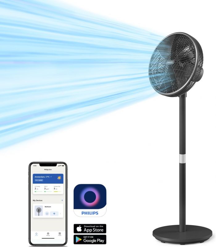 Вентилятор Philips підлоговий Series 3000, 40см, 48Вт, керування через смартфон, регулювання висоти, чорний