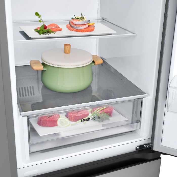 Холодильник LG з нижн. мороз., 186x60х68, холод.відд.-234л, мороз.відд.-107л, 2дв., А++, NF, інв., диспл внутр., зона св-ті, сріблястий