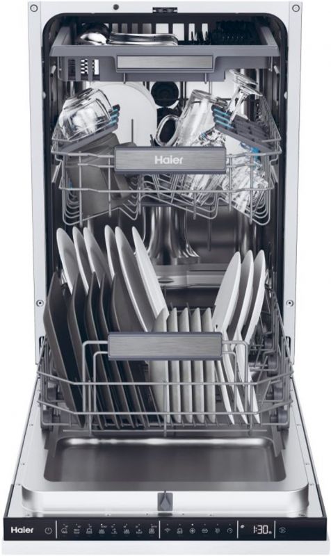 Посудомийна машина Haier вбудована, 10компл., A+++, 45см, дисплей, інвертор, 3й кошик, білий