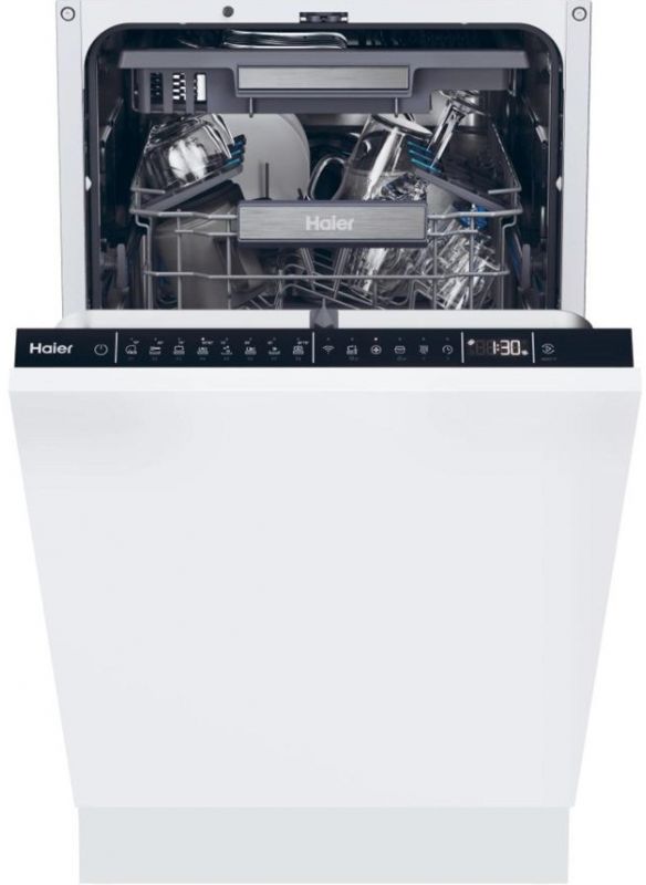 Посудомийна машина Haier вбудована, 10компл., A+++, 45см, дисплей, інвертор, 3й кошик, білий