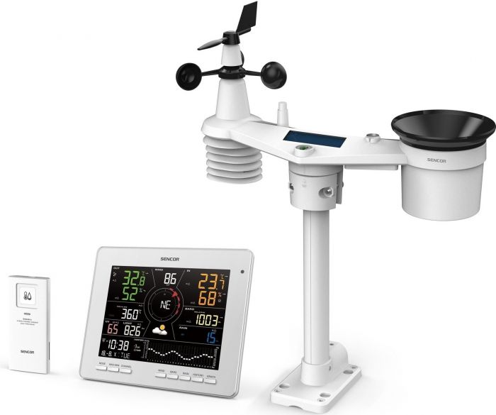 Метеостанція Sencor, внутр/зовн вимірювання, температура, вологість, час, прогноз погоди, атм. артеріальний тиск, швидкість вітру, календар, дні тижня, фази місяця, час сходу/заходу сонця, білий