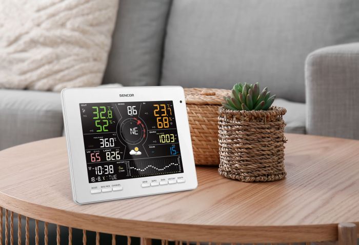Метеостанція Sencor, внутр/зовн вимірювання, температура, вологість, час, прогноз погоди, атм. артеріальний тиск, швидкість вітру, календар, дні тижня, фази місяця, час сходу/заходу сонця, білий