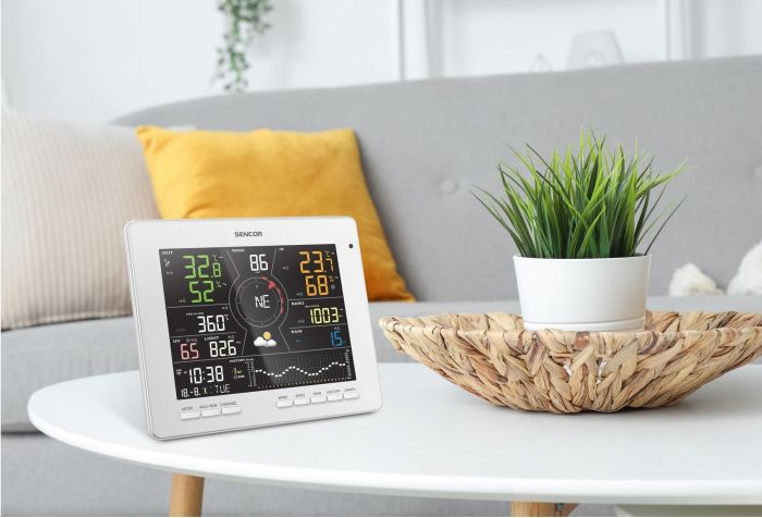 Метеостанція Sencor, внутр/зовн вимірювання, температура, вологість, час, прогноз погоди, атм. артеріальний тиск, швидкість вітру, календар, дні тижня, фази місяця, час сходу/заходу сонця, білий