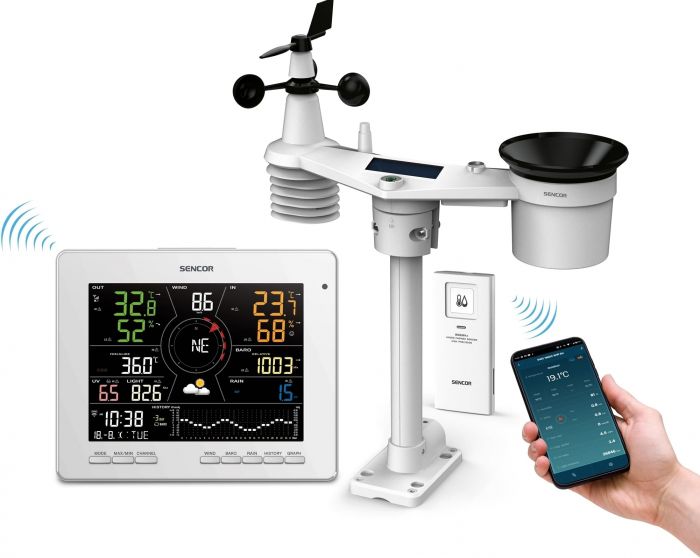 Метеостанція Sencor, внутр/зовн вимірювання, температура, вологість, час, прогноз погоди, атм. артеріальний тиск, швидкість вітру, календар, дні тижня, фази місяця, час сходу/заходу сонця, білий