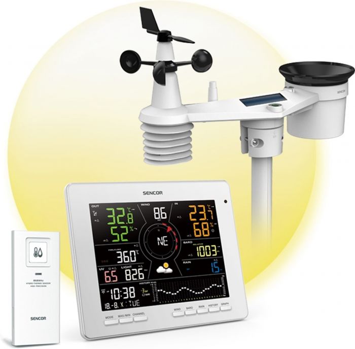 Метеостанція Sencor, внутр/зовн вимірювання, температура, вологість, час, прогноз погоди, атм. артеріальний тиск, швидкість вітру, календар, дні тижня, фази місяця, час сходу/заходу сонця, білий
