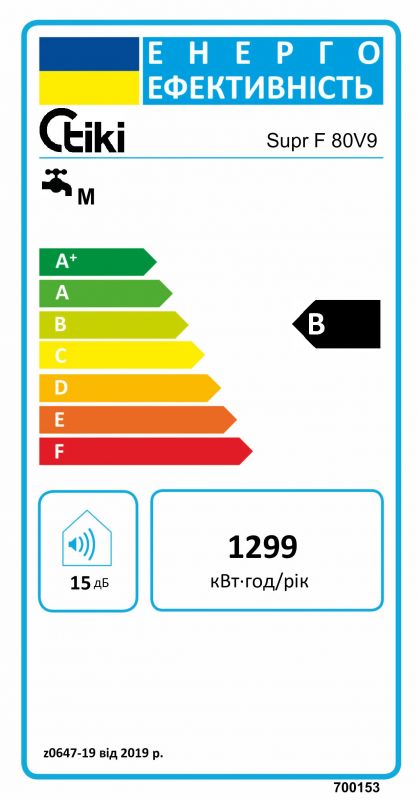 Водонагрівач електр. Tiki плаский FTG, 80л, 2кВт, ун. монтаж, електр. кер-ння, B, білий, 700153
