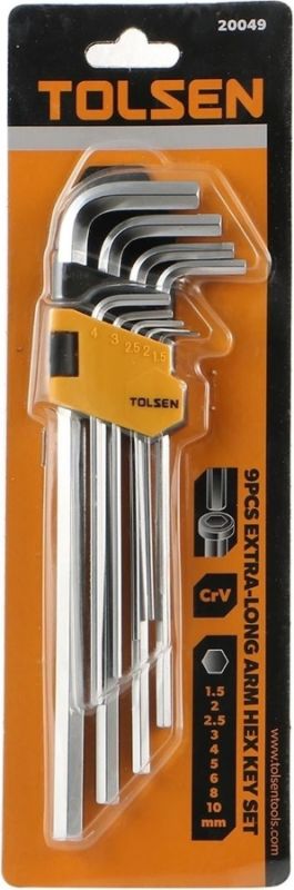 Ключі шестигранні Tolsen, набір 9шт, подовжені, довгі, кулястий наконечник, 1.5-10мм, CrV