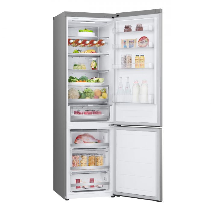 Холодильник LG з нижн. мороз., 203x60х68, холод.відд.-277л, мороз.відд.-107л, 2дв., А++, NF, інв., диспл зовн., Fresh Сonverter, Metal Fresh, сріблястий