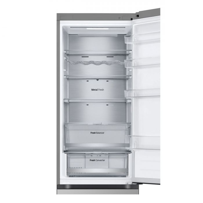 Холодильник LG з нижн. мороз., 203x60х68, холод.відд.-277л, мороз.відд.-107л, 2дв., А++, NF, інв., диспл зовн., Fresh Сonverter, Metal Fresh, сріблястий