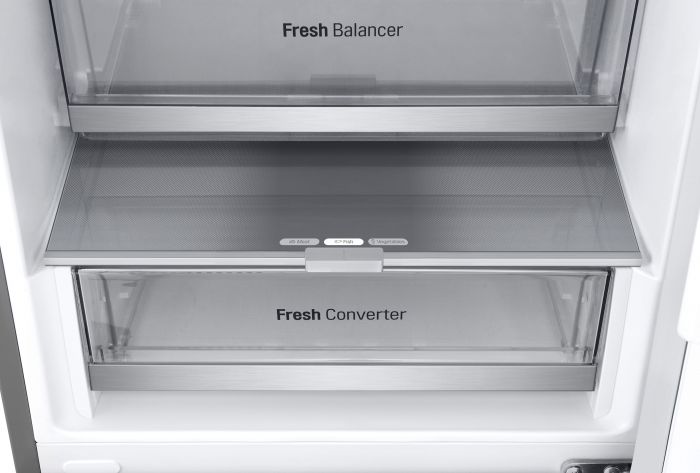Холодильник LG з нижн. мороз., 203x60х68, холод.відд.-277л, мороз.відд.-107л, 2дв., А++, NF, інв., диспл зовн., Fresh Сonverter, Metal Fresh, сріблястий