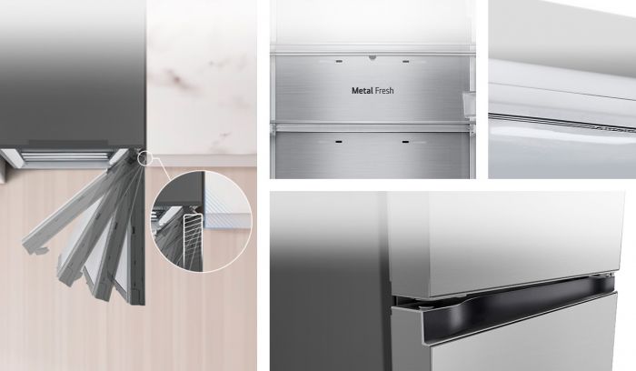 Холодильник LG з нижн. мороз., 203x60х68, холод.відд.-277л, мороз.відд.-107л, 2дв., А++, NF, інв., диспл зовн., Fresh Сonverter, Metal Fresh, сріблястий