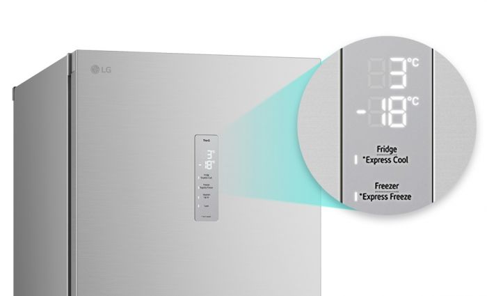 Холодильник LG з нижн. мороз., 203x60х68, холод.відд.-277л, мороз.відд.-107л, 2дв., А++, NF, інв., диспл зовн., Fresh Сonverter, Metal Fresh, сріблястий